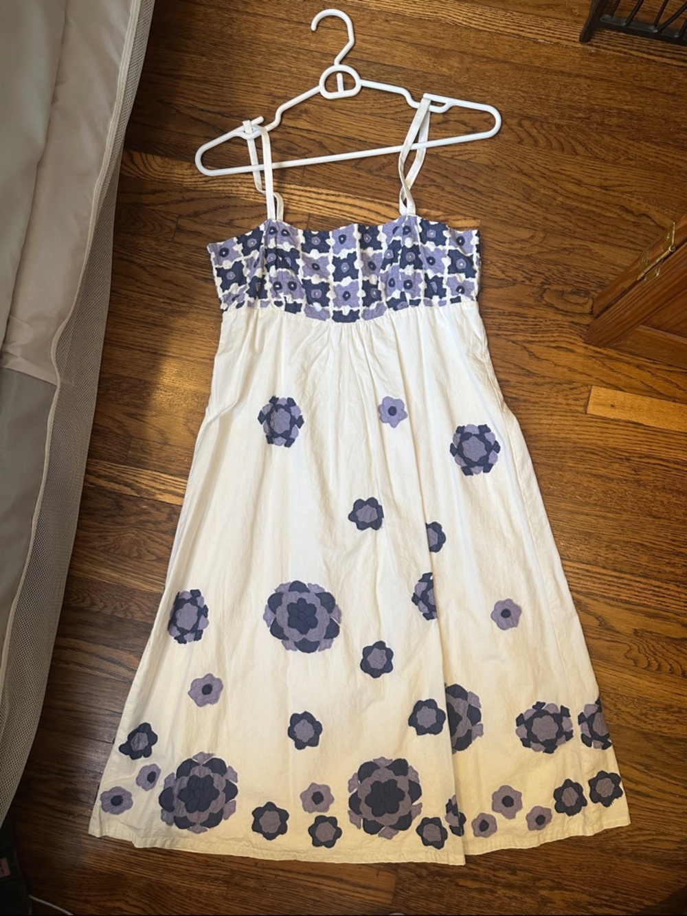 Nougat London White Sun Dress with Navy and Lavender Floral Embroidery NWOT